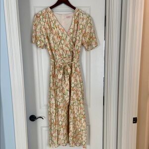 Ivy City Co Cream Wrap Midi Dress with Flutter Sleeves